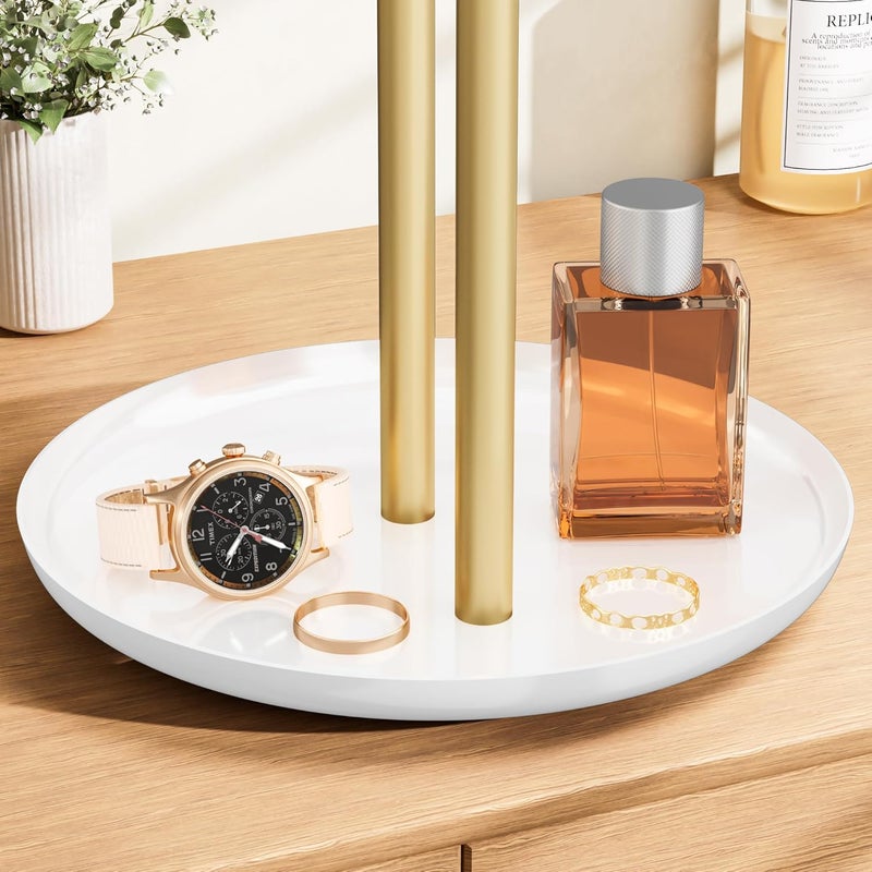 Jasopaco Gold Necklace Rack Stand with Storage Tray - 2 Rods T-Shaped Jewelry Holder Stand for Bracelets, Earrings, Rings | Elegant Vanity & Dresser Top Storage for Women. - Image 2